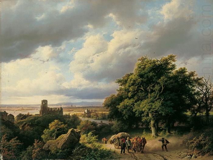 Barend Cornelis Koekkoek Flublandschaft mit Ruine und Pferdewagen china oil painting image